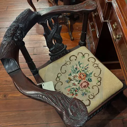 Carved Antique Armchair with Needlepoint Seat